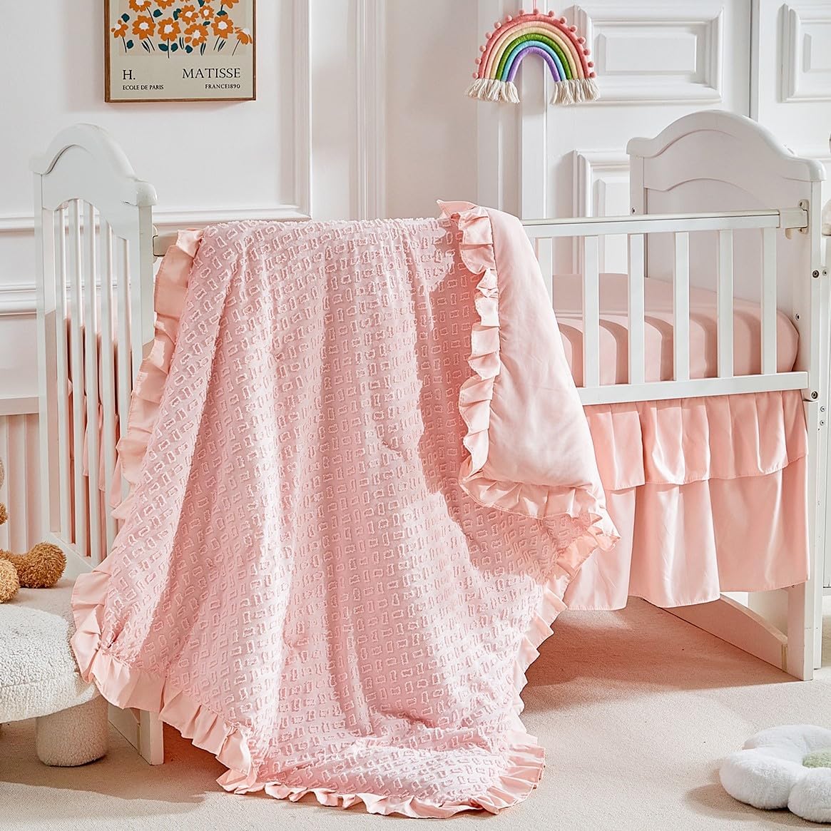 3 Pieces Tufted Crib Bedding Set with Ruffle Fringe for Babies