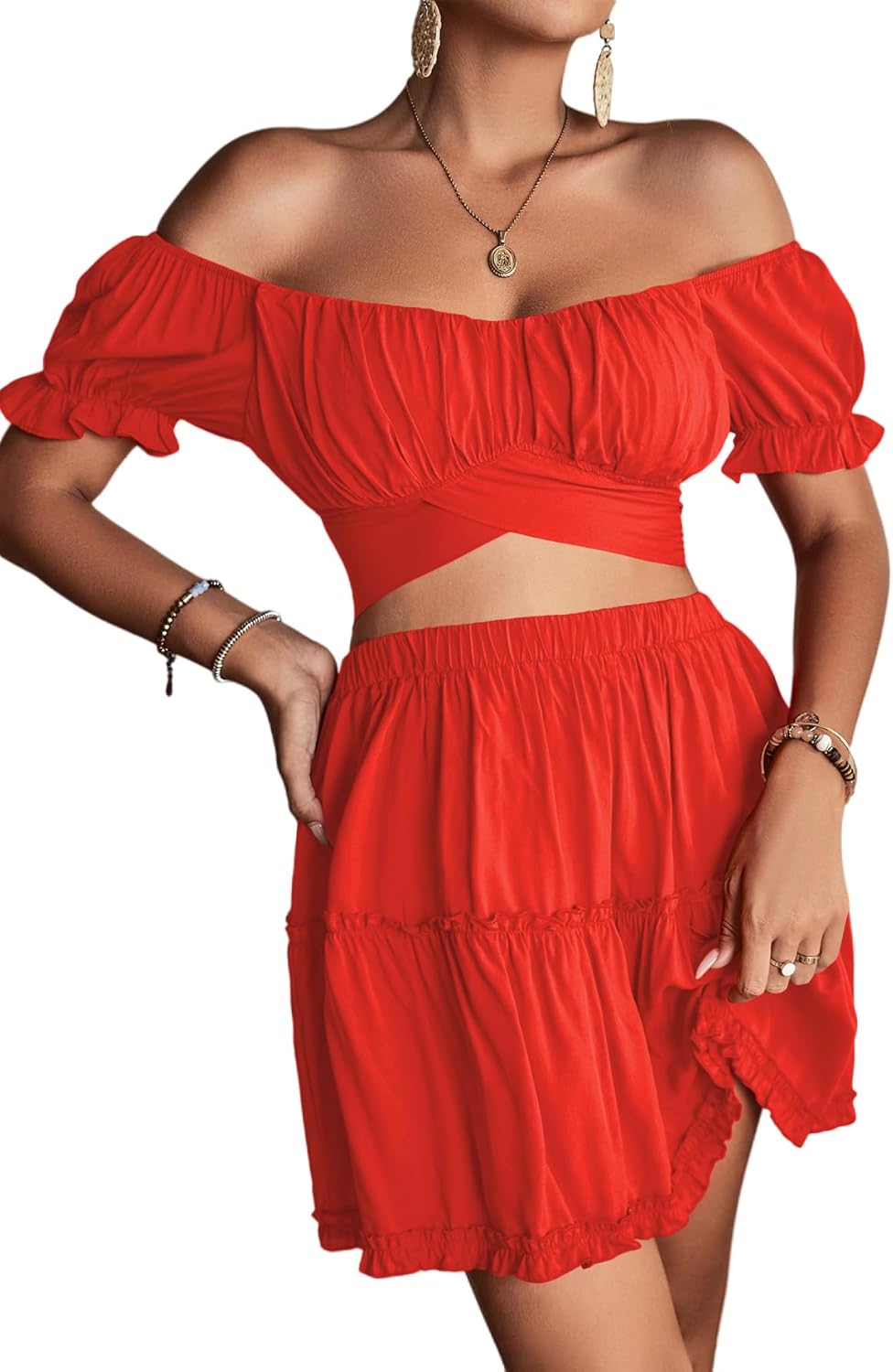 LYANER Women's Floral Off Shoulder Crop Top & Mini Skirt Set