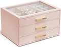 Vlando Jewelry Box for Women with Glass Lid and 3 Drawers