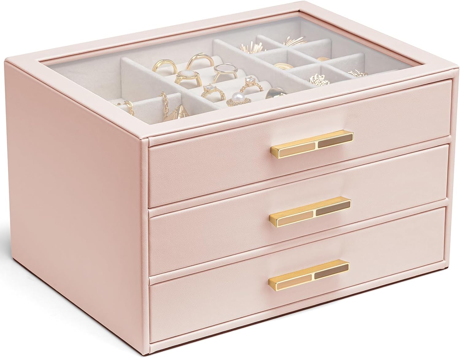 Vlando Jewelry Box for Women with Glass Lid and 3 Drawers
