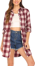 HOTOUCH Womens Flannel Plaid Shirt Mid-Long Boyfriend Style