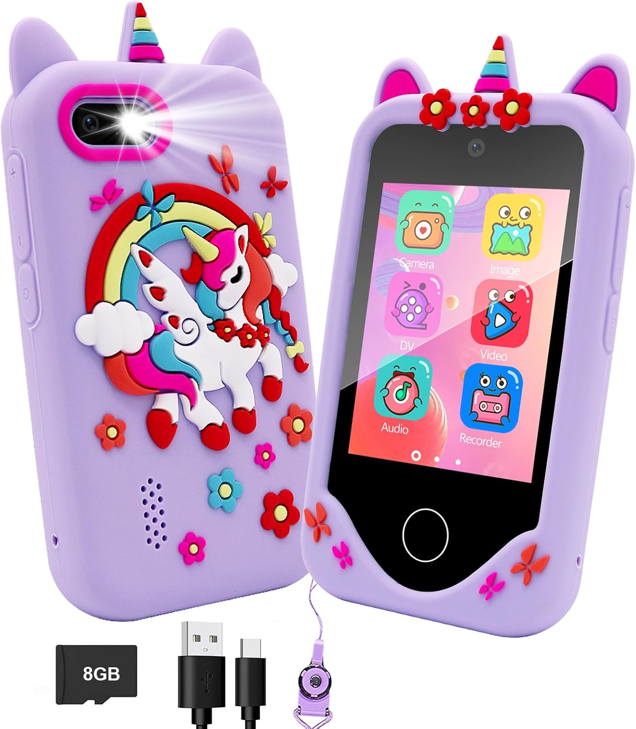 Smart Dual Camera Kids Phone - 8GB Card, Games, Music - Girls' Gift-Purple - SUREKUO