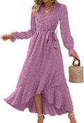 Long Sleeve Maxi Dress V Neck Swiss Dot - Flowy Boho Wrap