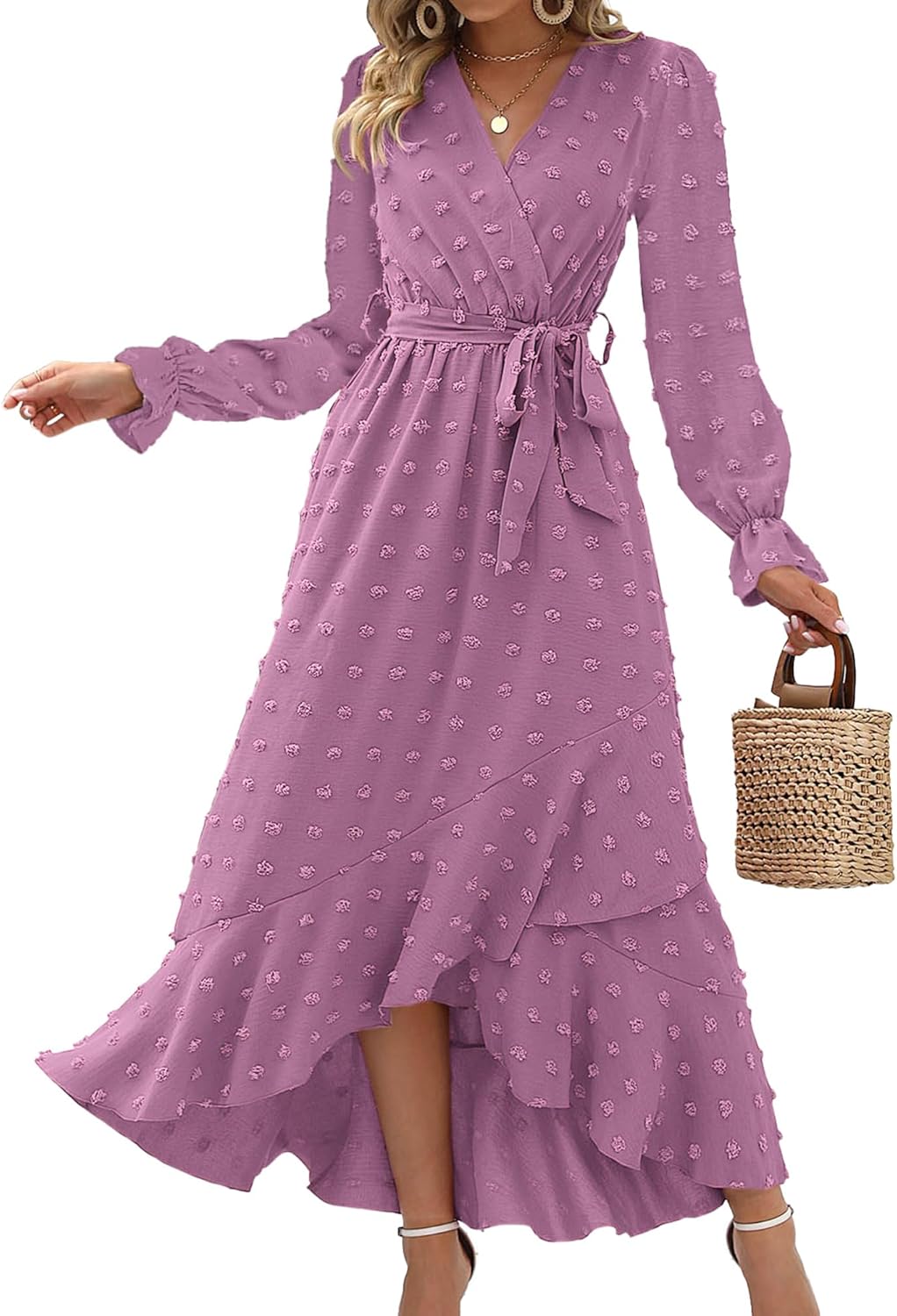 BTFBM Long Sleeve Maxi Dresses for Women - Boho V Neck Style