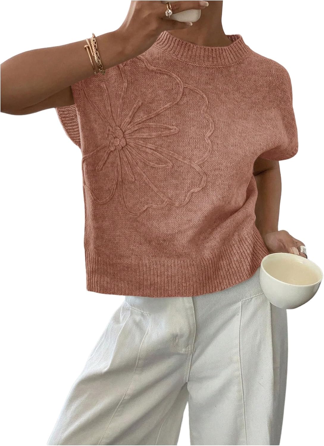 SOLY HUX Women's Ribbed Sweater with Floral Knit Design