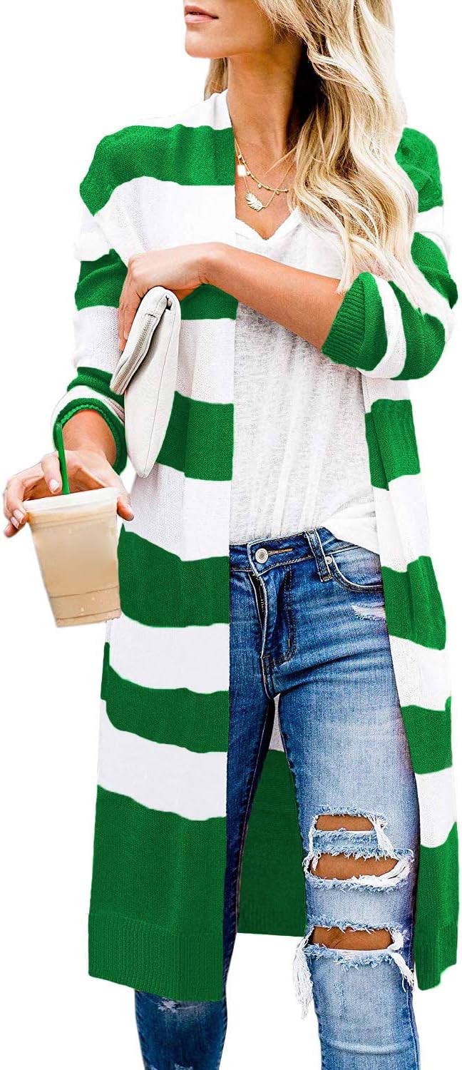 Stylish Women's Long Cardigan Open Front Color Block Knit Sweater