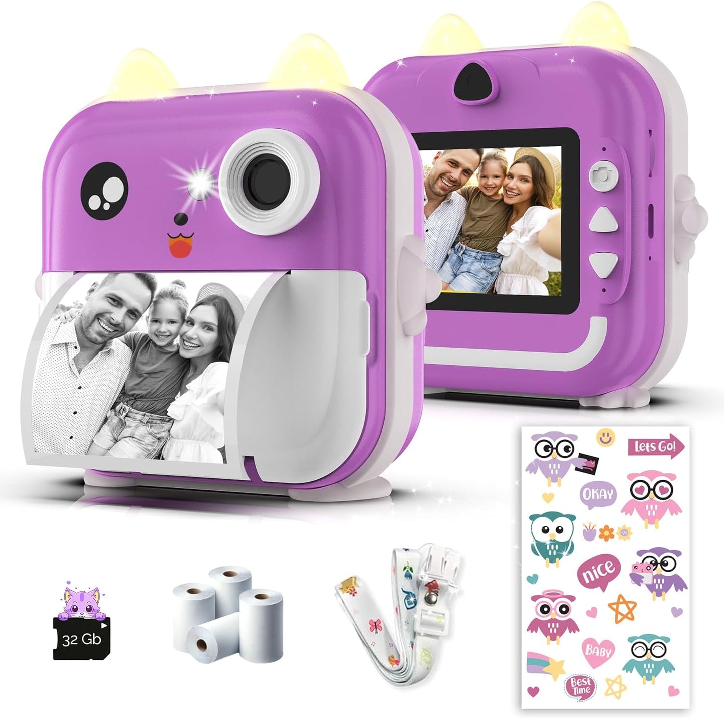Fun Instant Print Camera for Kids - HD, Bluetooth, 32G Card, Accessories - Purple - TinyGeeks