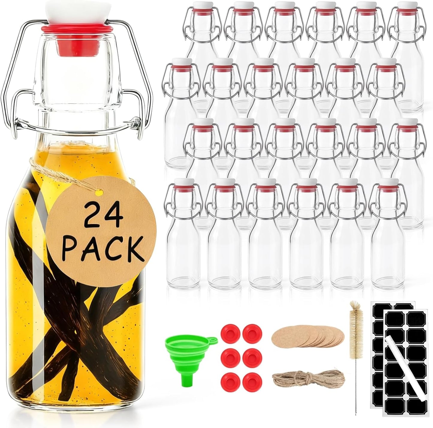 Ruckae 24 Pack 4oz Swing Top Glass Bottles for Kombucha and More