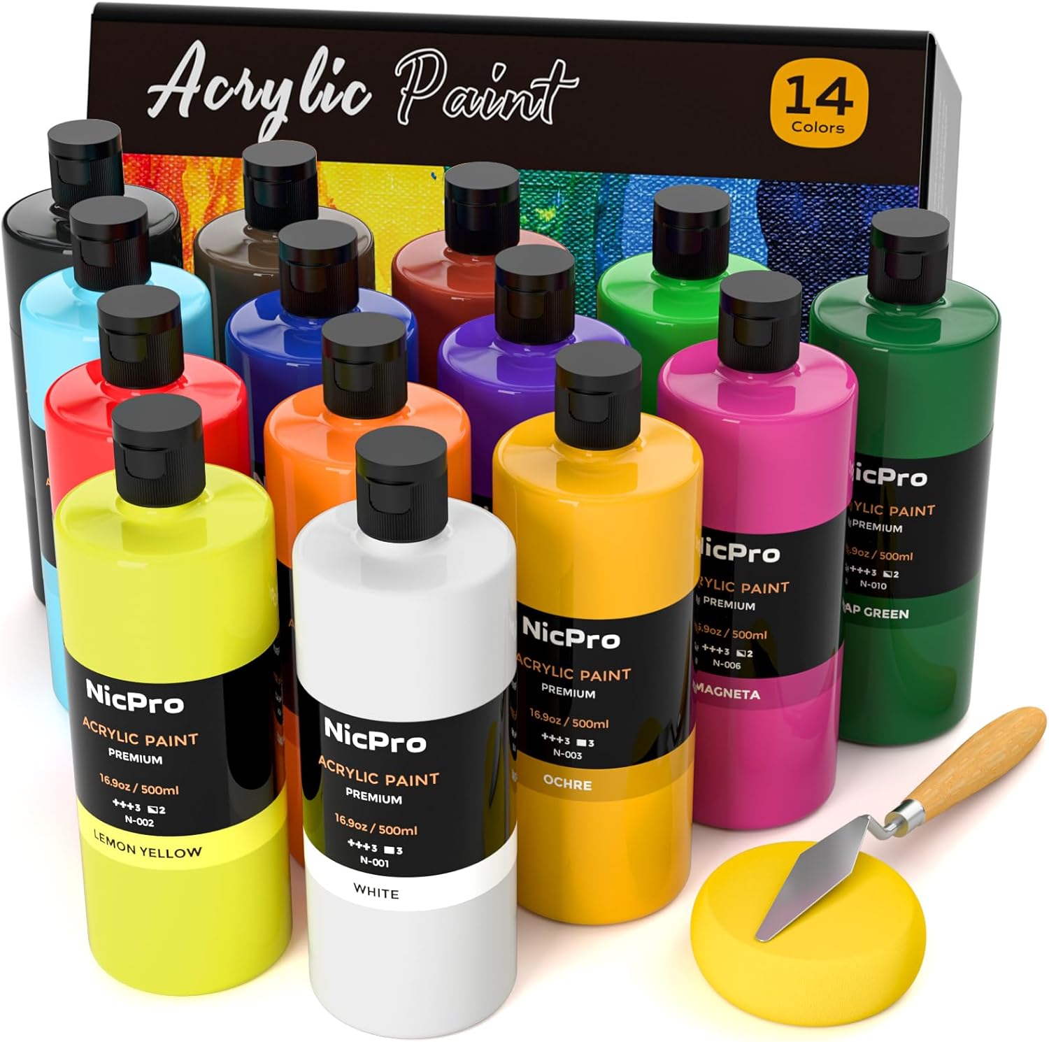 Nicpro 14 Colors Large Bulk Acrylic Paint Set for Art Projects