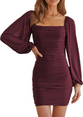 MASCOMODA Square Neck Lantern Sleeve Ruched Bodycon Mini Dress - Sleek