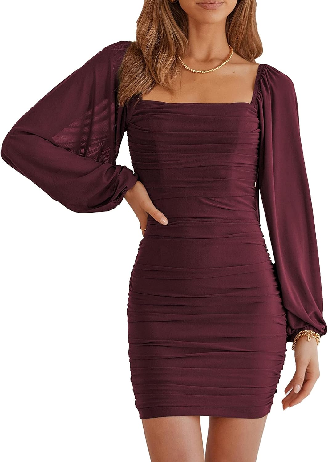 Elegant Square Neck Lantern Long Sleeve Mini Bodycon Dress