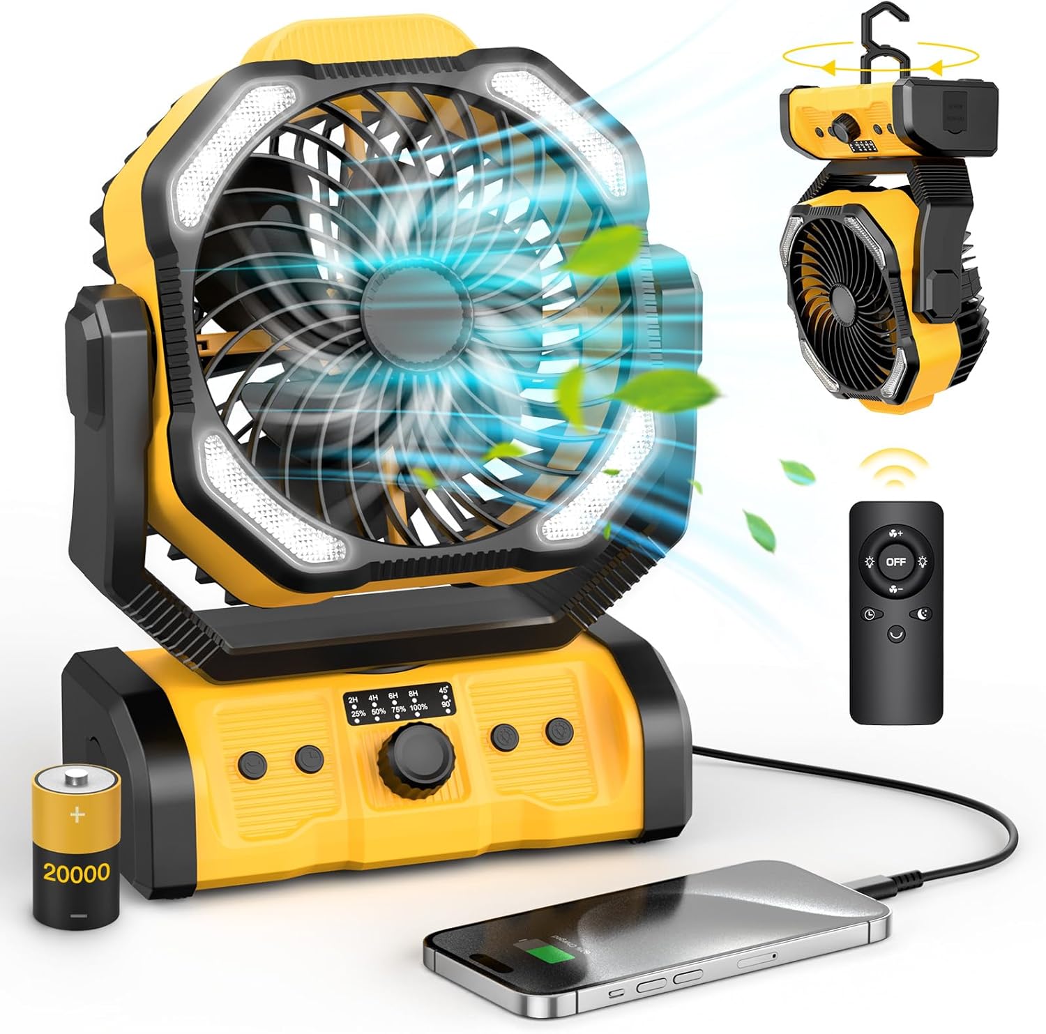 20000mAh Rechargeable Camping Fan with LED Lantern - Portable Power!