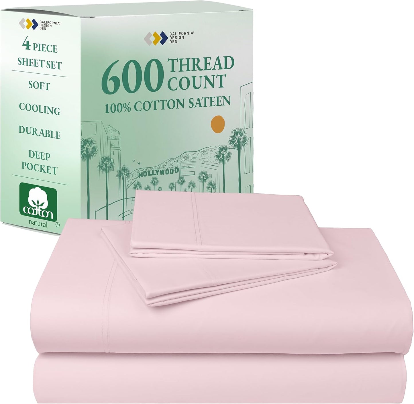 Luxury 600 Thread Count Cotton Queen Sheet Set in Blush Pink