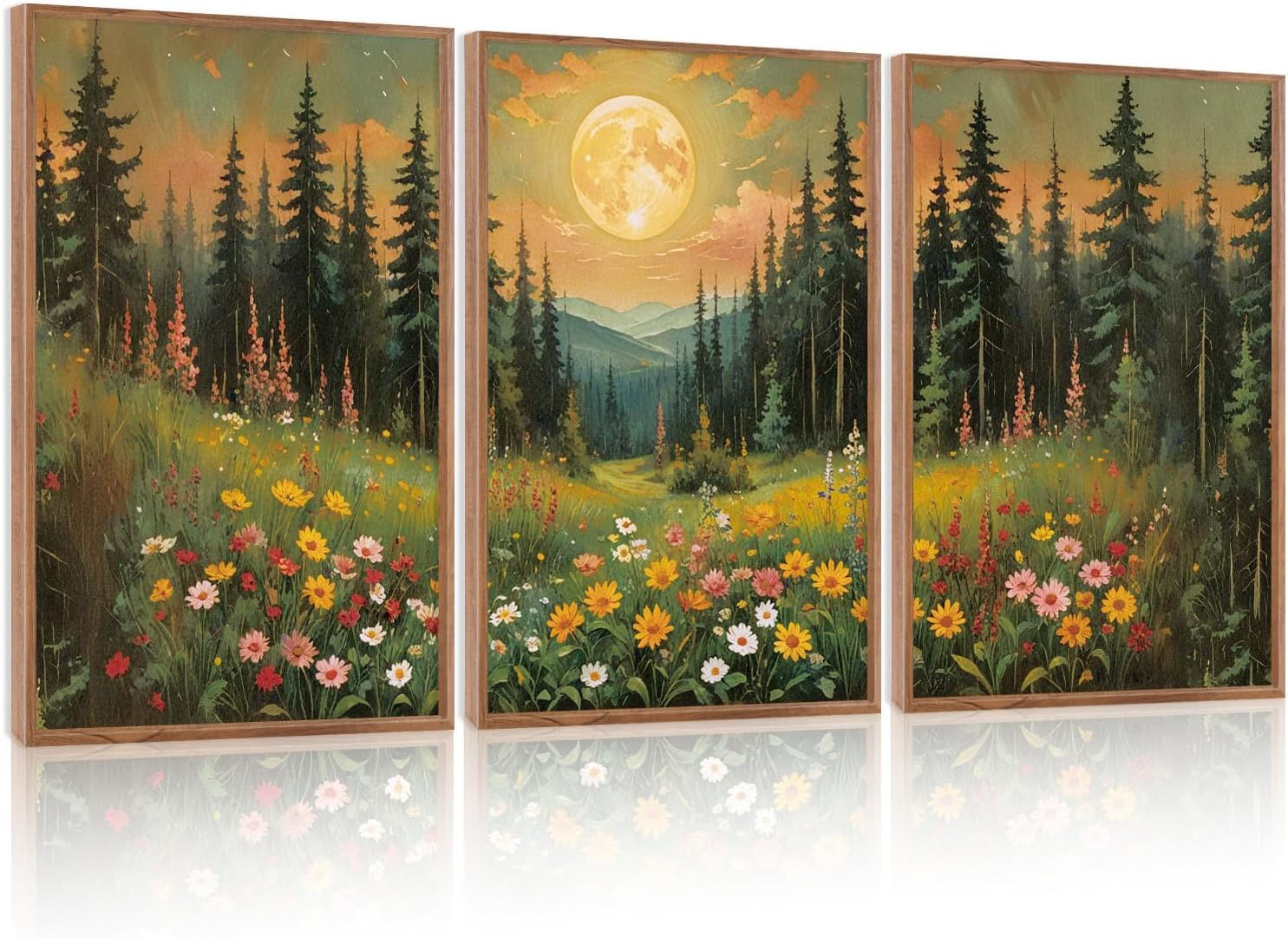 Moonlit Forest Floral Framed Canvas Wall Art Set for Decor