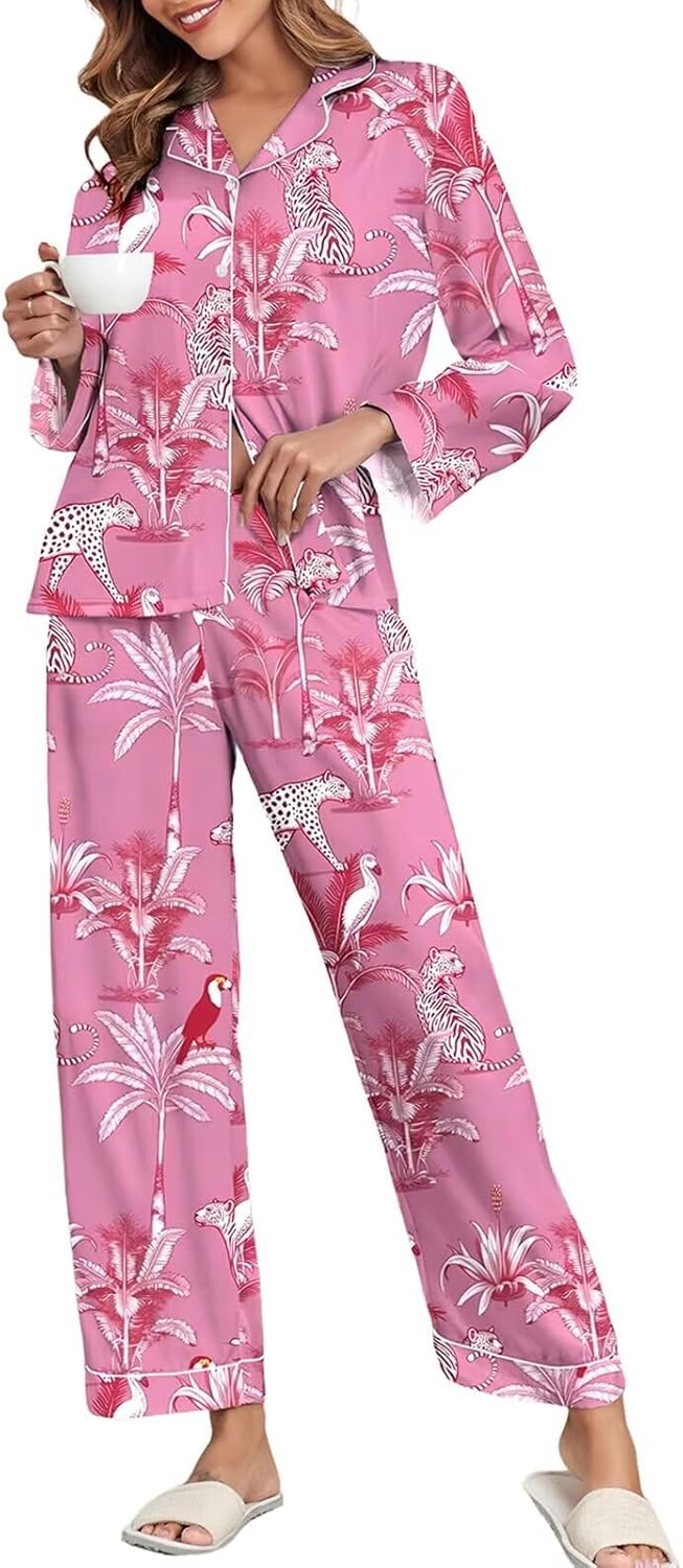 Luxurious Women's Silk Satin Pajamas Set with Lace Pattern