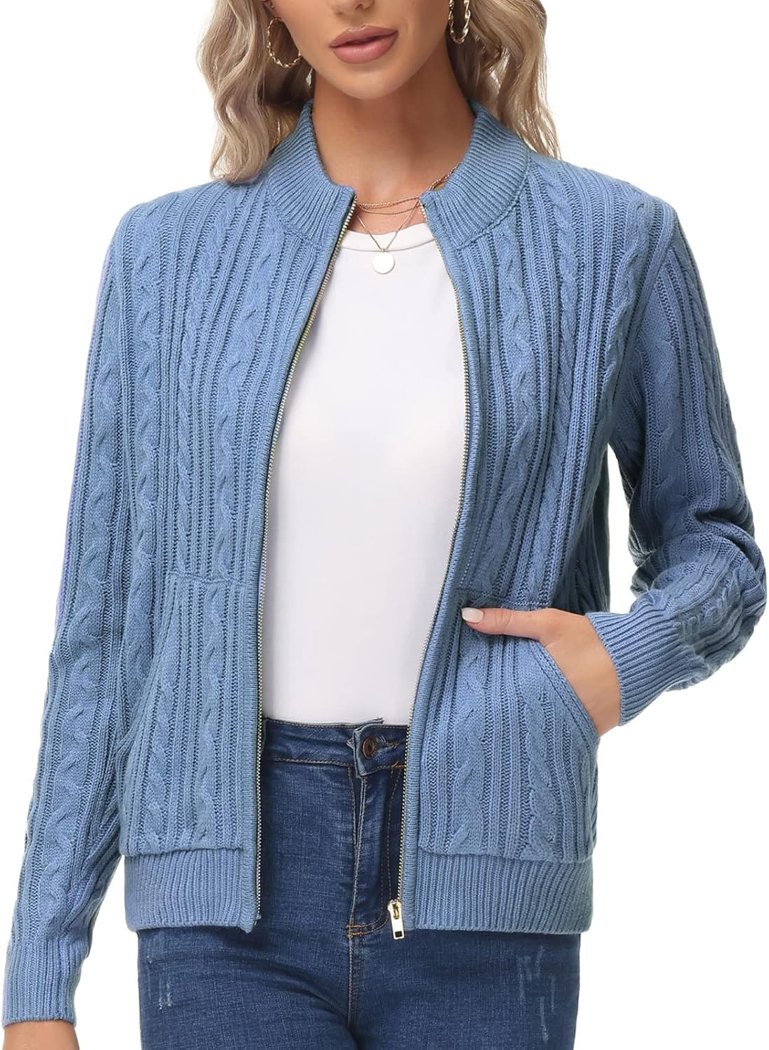 KANCY KOLE Women's Zip Up Cable Knit Sweater Cardigan with Pockets
