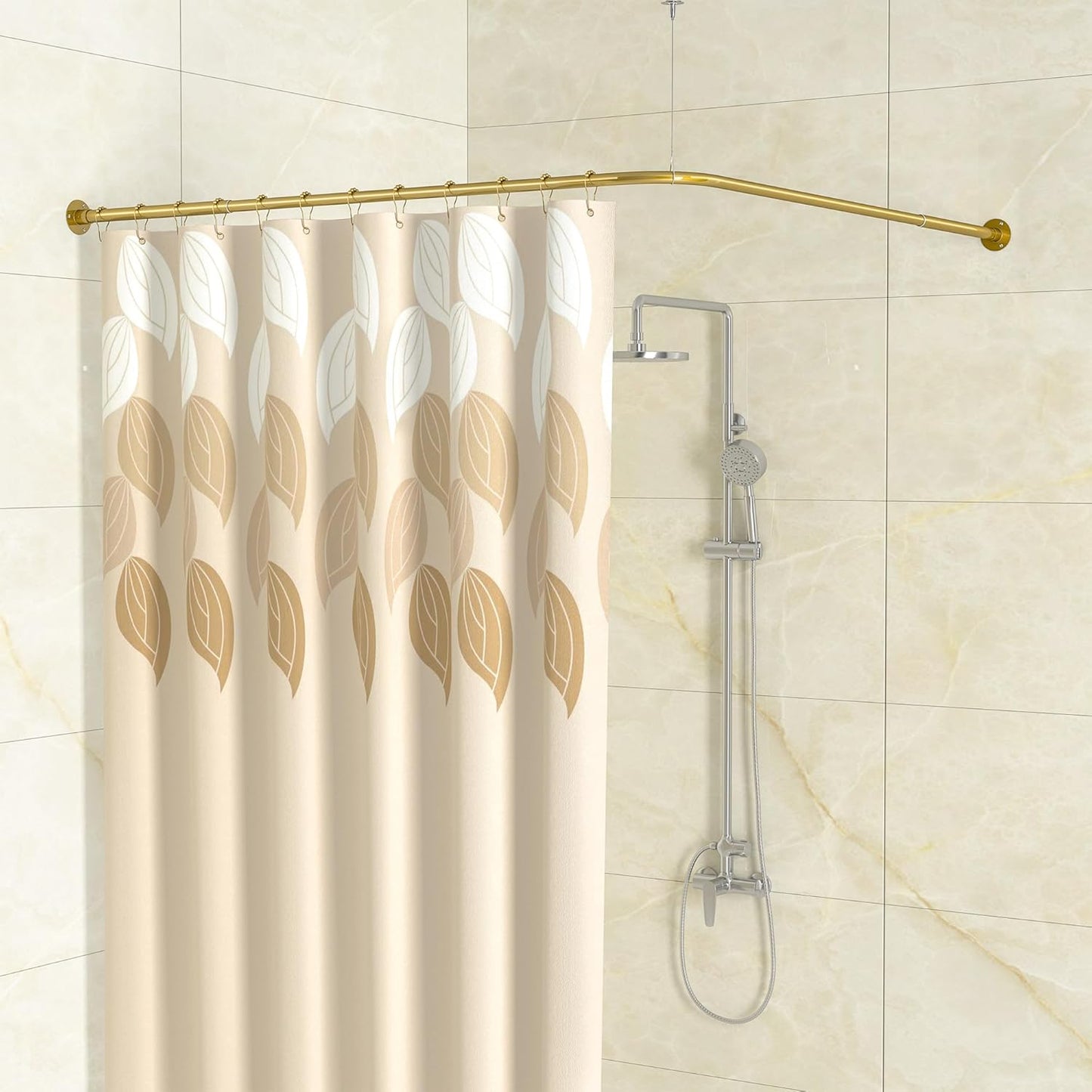 Yampos Adjustable L-Shaped Shower Rod - No Sag, Gold Finish