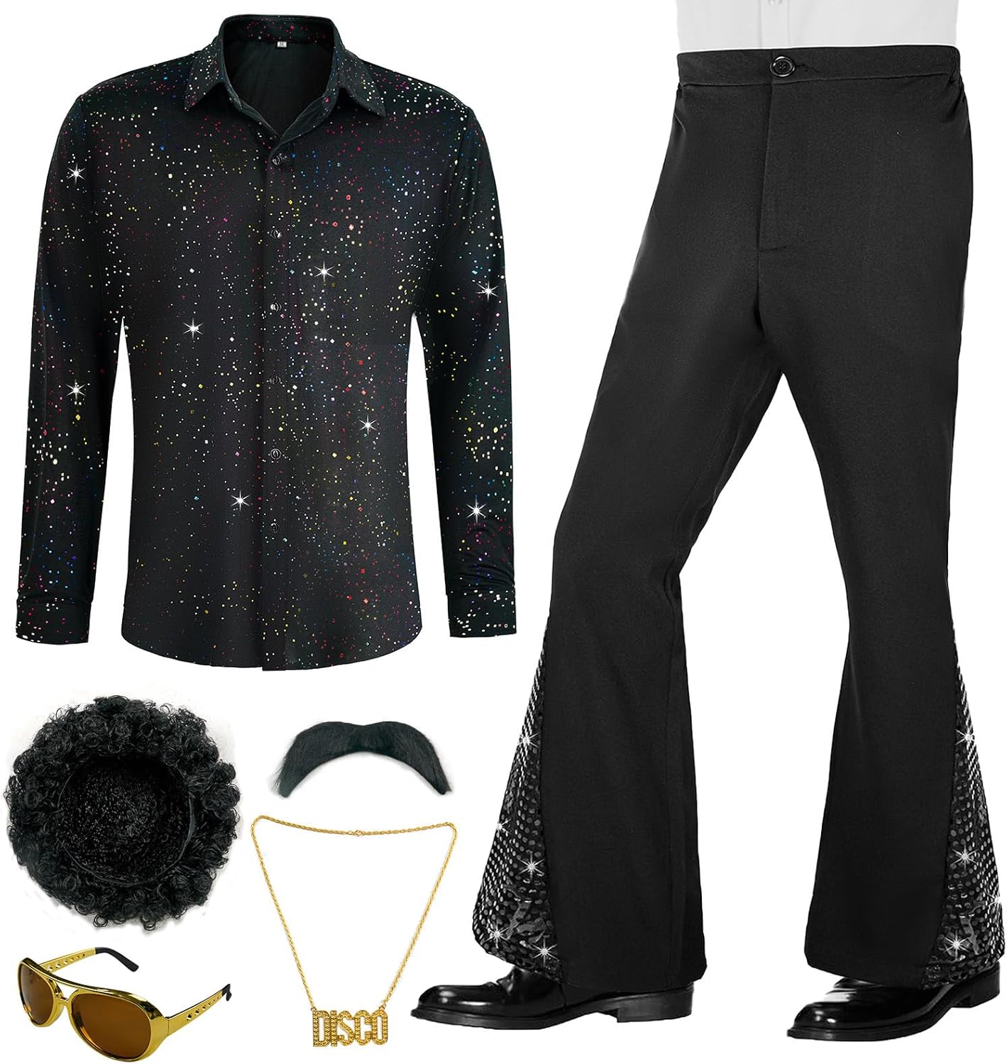 70s Outfits for Men Disco Costume with Bell Bottom Pants Set
