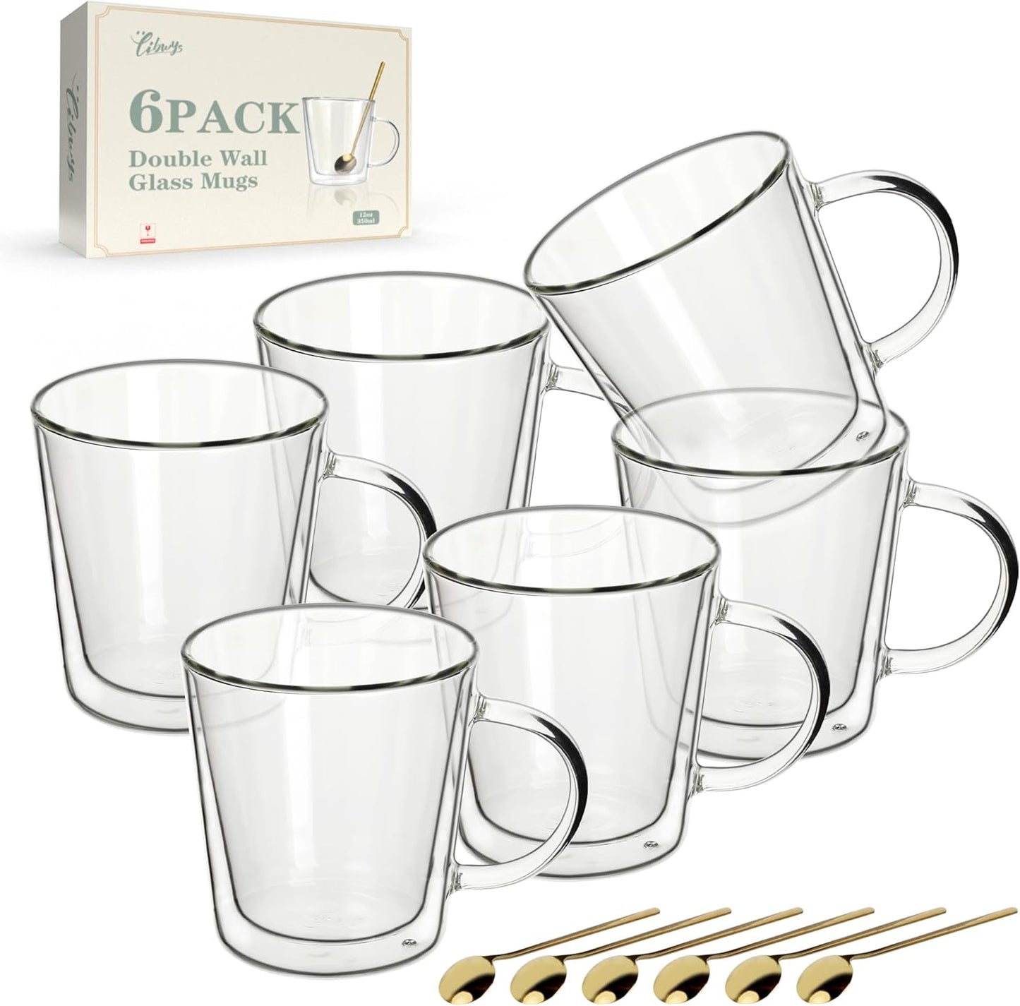 LIBWYS Double Wall Glass Coffee Mugs Set of 6 for Hot Drinks