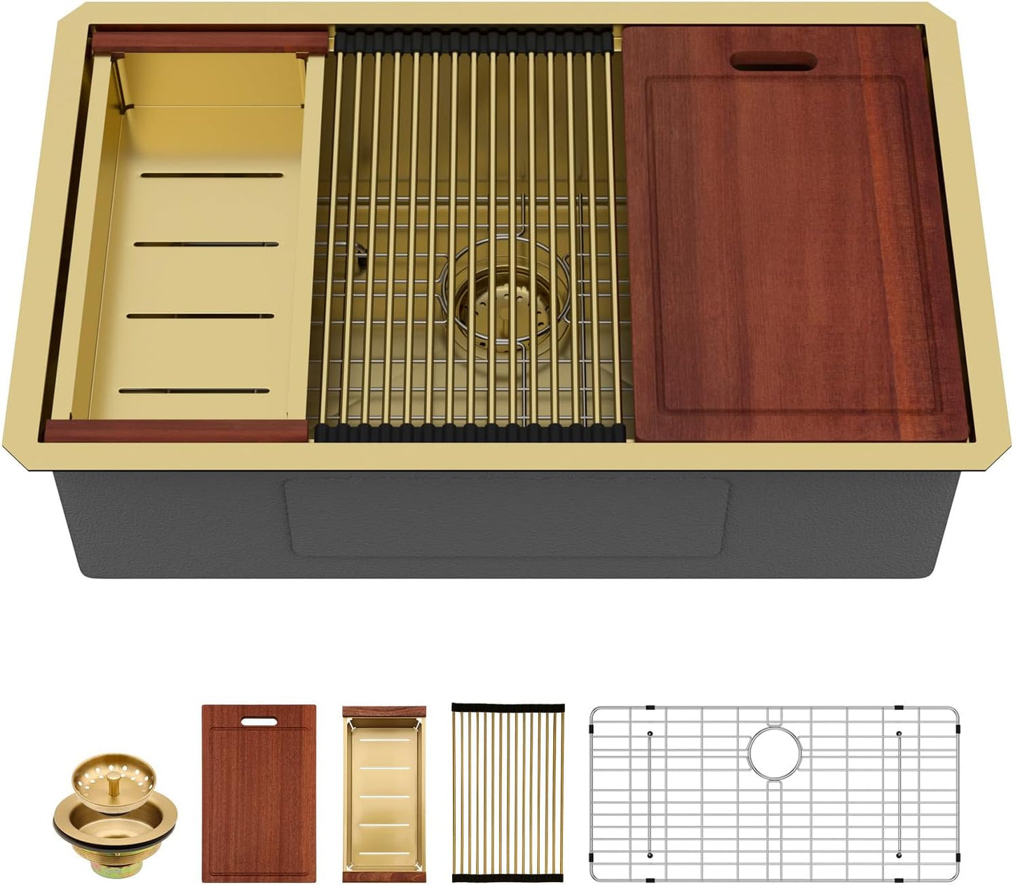 Sarlai 33 Undermount Sink Gold Stainless Steel Workstation