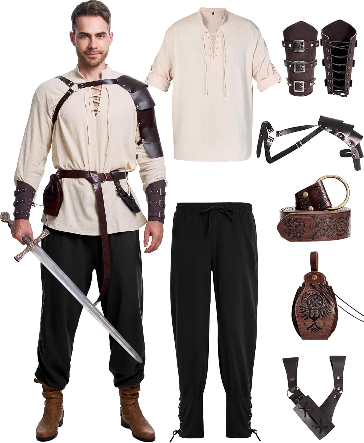 8 Pcs Men's Renaissance Costume Set for Halloween and Events
