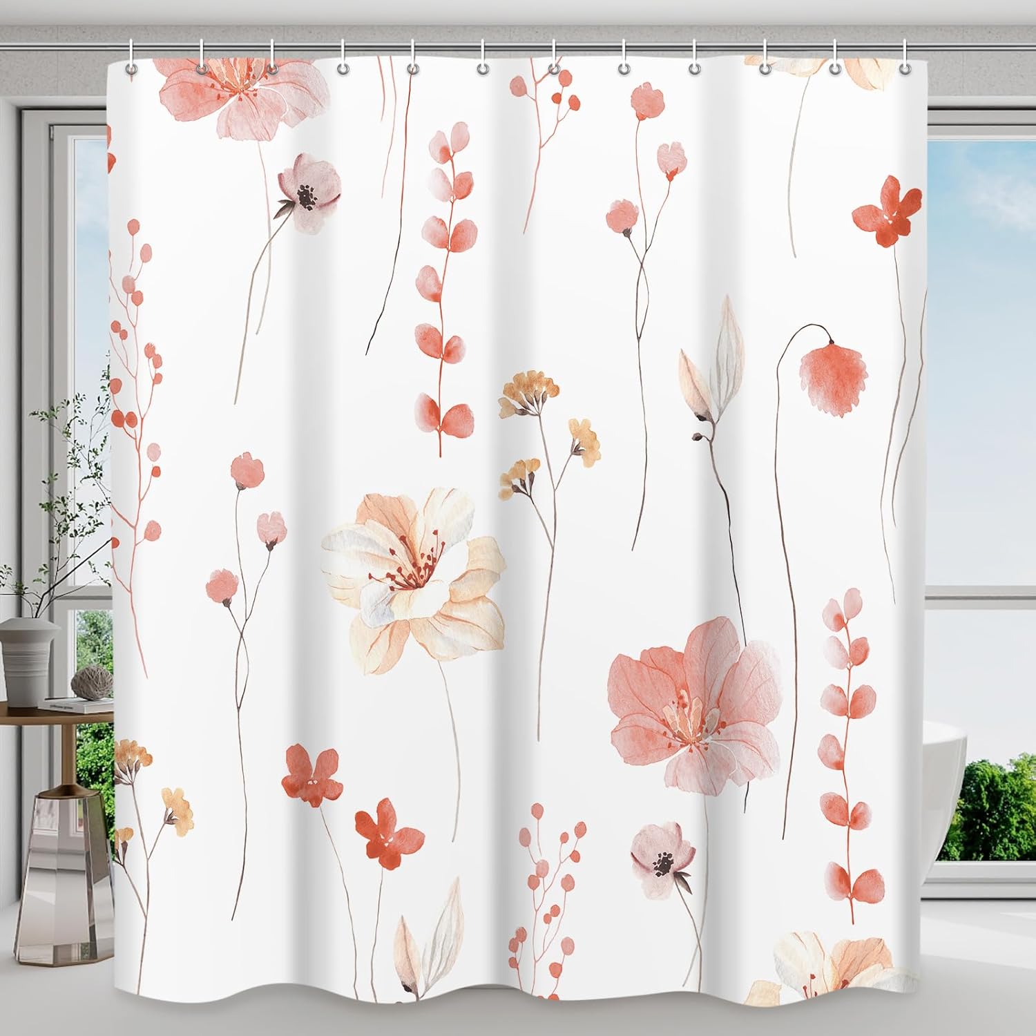 Watercolor Flower Shower Curtain Set - Modern Farmhouse Decor
