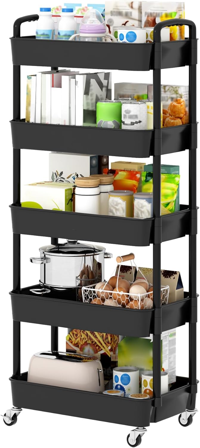 5-Tier Plastic Rolling Utility Cart for Home and Office Use