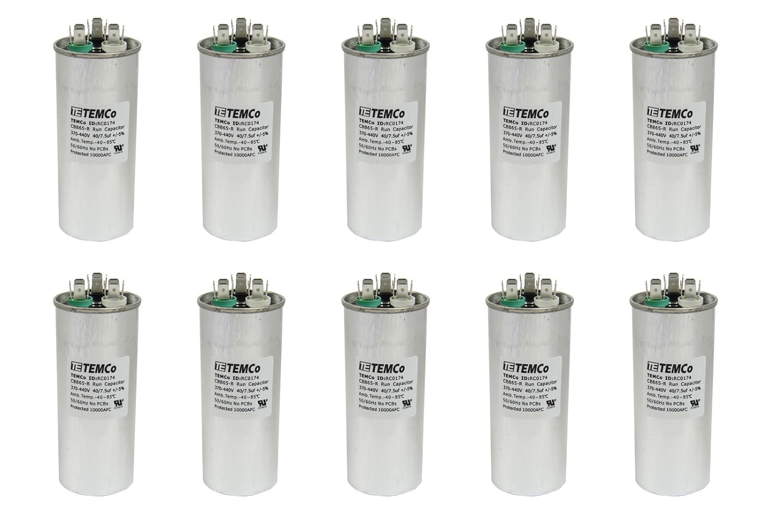 10 Pack TEMCo 40+7.5 uF Dual Run Capacitor for HVAC Applications