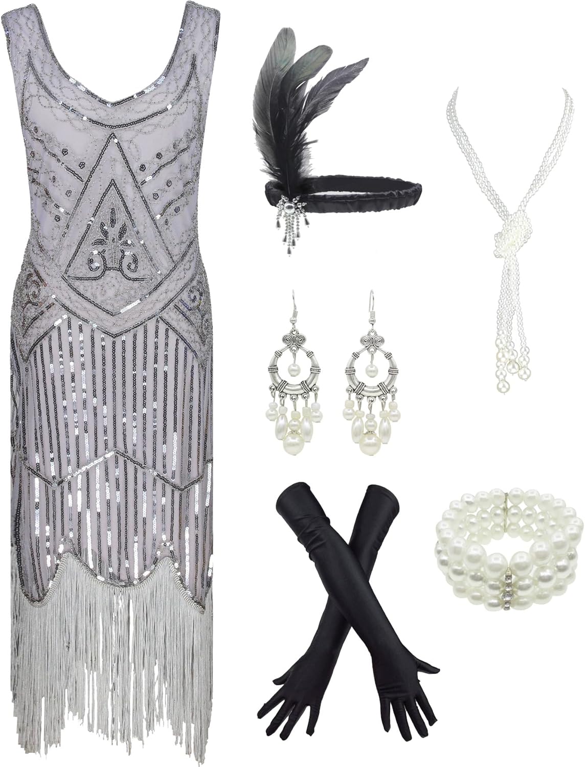 1920s Gatsby Sequin Fringed Flapper Dress with Accessories Set