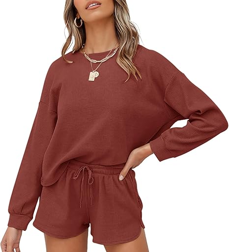 ZESICA Women's Waffle Knit Long Sleeve Top and Shorts Set
