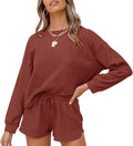 ZESICA Women's Waffle Knit Long Sleeve Top and Shorts Lounge Set