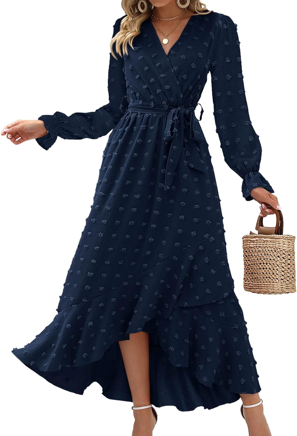 BTFBM Long Sleeve Maxi Dresses for Women with V Neck Design