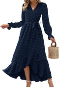 Long Sleeve Maxi Dresses for Women V Neck Swiss Dot - Boho Wrap