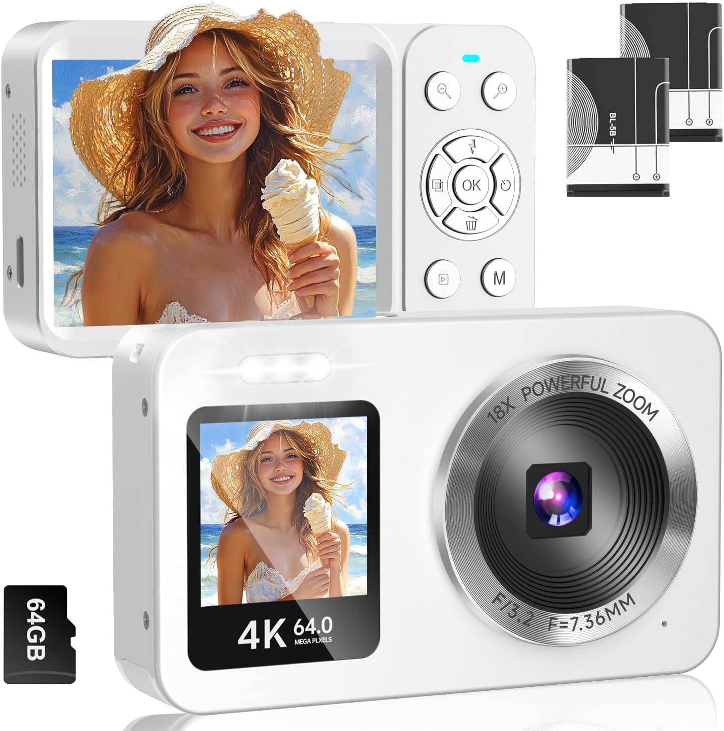 4K 64MP Dual Screen Digital Camera with 18X Zoom for All Ages