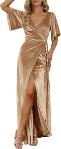 MEROKEETY Velvet Wrap V Neck Maxi Dress - Flattering Formal Fit