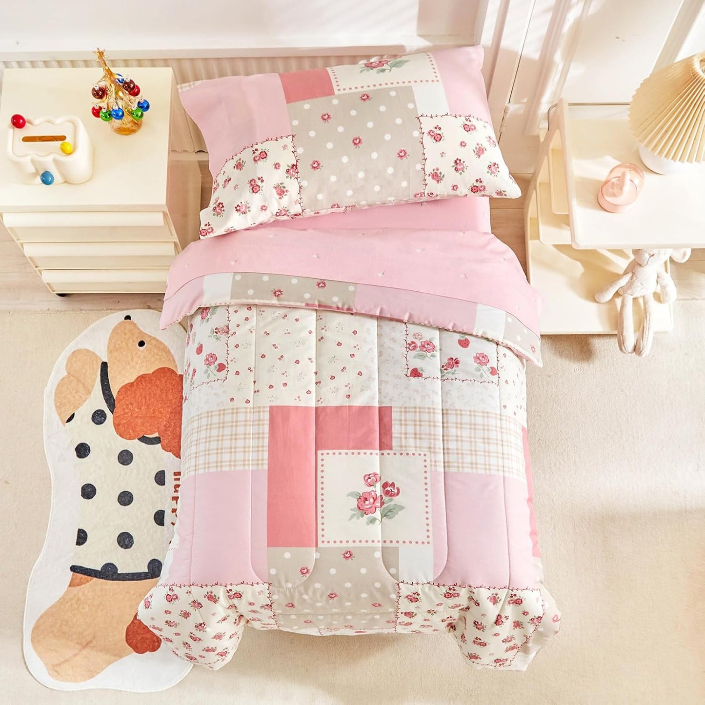 Joyreap 4 Piece Cotton Toddler Bedding Set for Girls - Pink Flowers