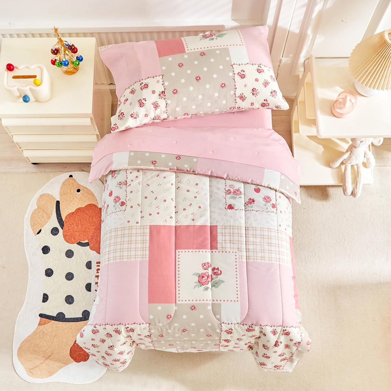 Joyreap 4 Piece Cotton Toddler Bedding Set for Girls - Pink Flowers