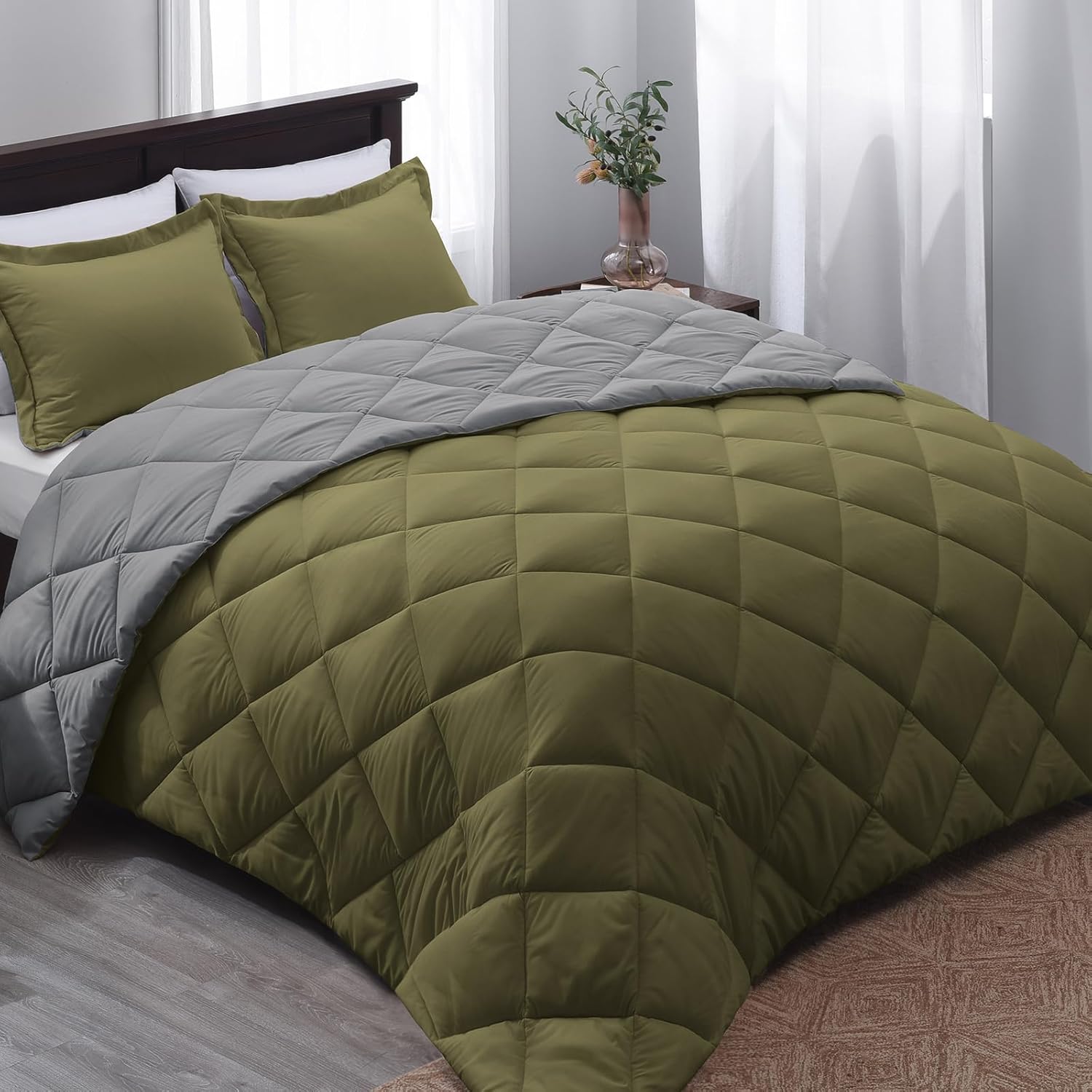 Beyond Twin Comforter Set in Olive Green and Charcoal Gray