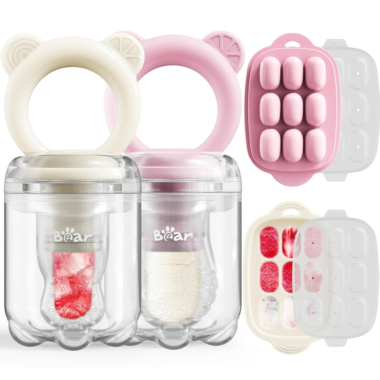 Bear Baby Food Feeder & Mini Freezer Tray 2-Pack - Safe Teething Relief!