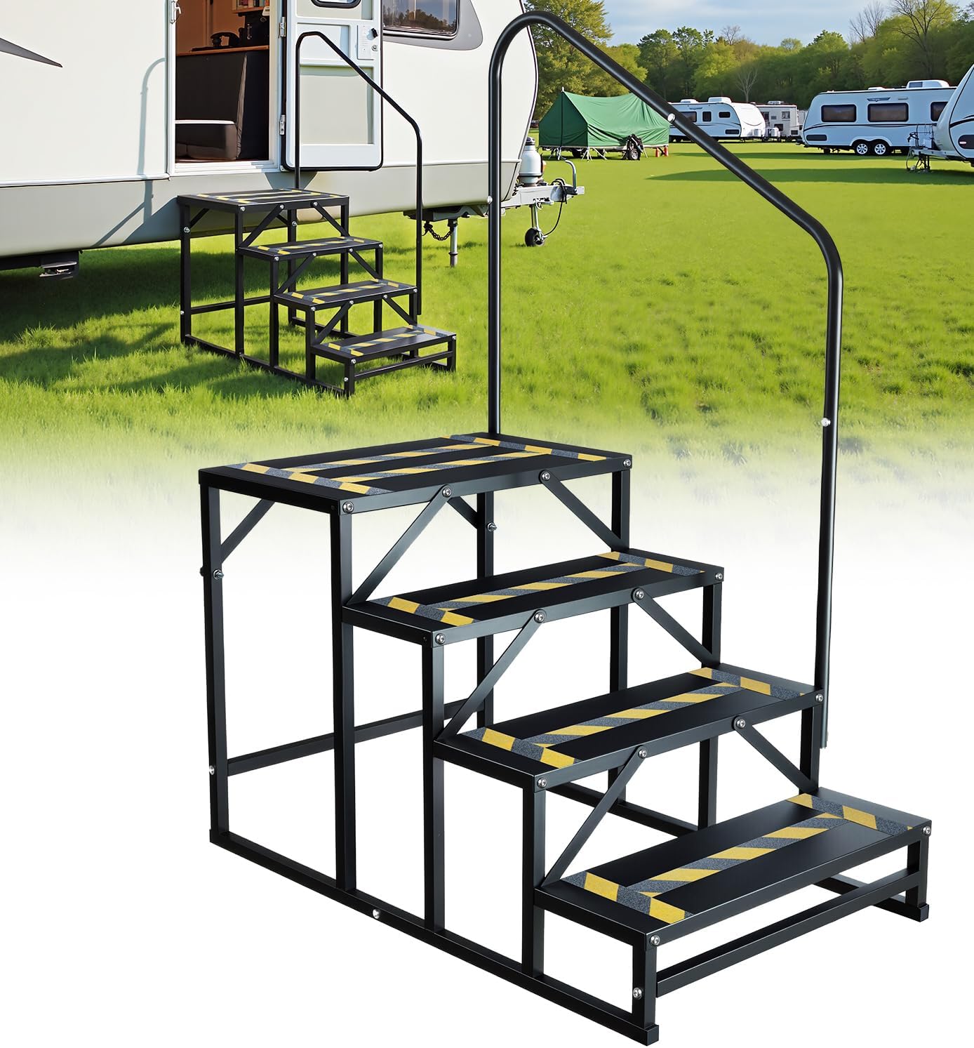 Heavy-Duty 4-Step RV Steps with Handrail for Safe Entry
