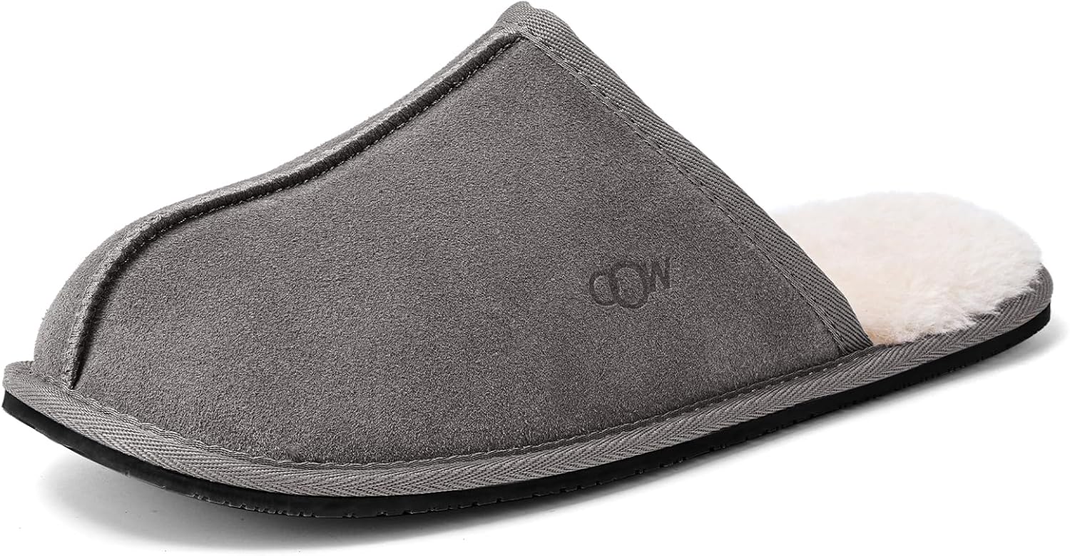 OOW Mens Slippers Genuine Suede Cozy Fuzzy Memory Foam Shoes