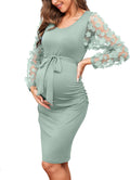 Floral Mesh Bishop Long Sleeve Maternity Midi Dress (Style 1GSP)