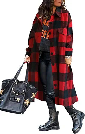 Himosyber Women's Casual Plaid Lapel Woolen Long Shacket Coat