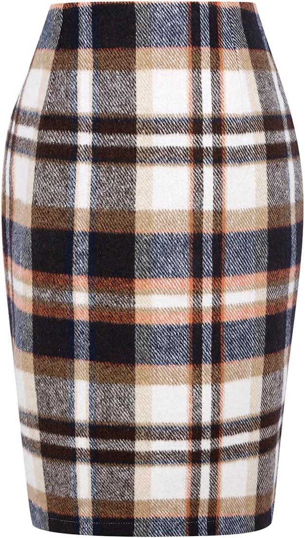 Plaid Skirts for Women Fall Winter Knee Length Pencil Wool Skirt