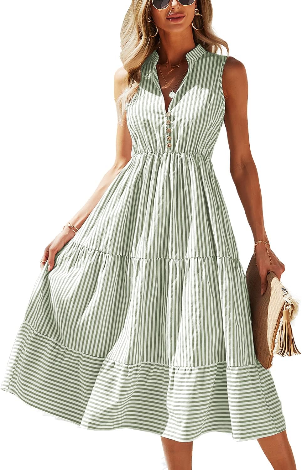 Brovave Womens Casual Midi Dress with Striped V Neck Design