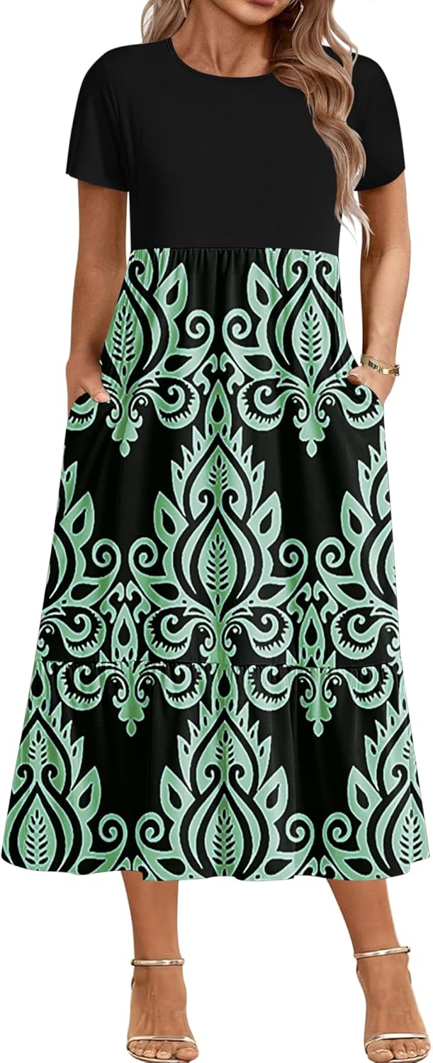 Plus Size Short Sleeve Casual Maxi Dress with Pockets for Women