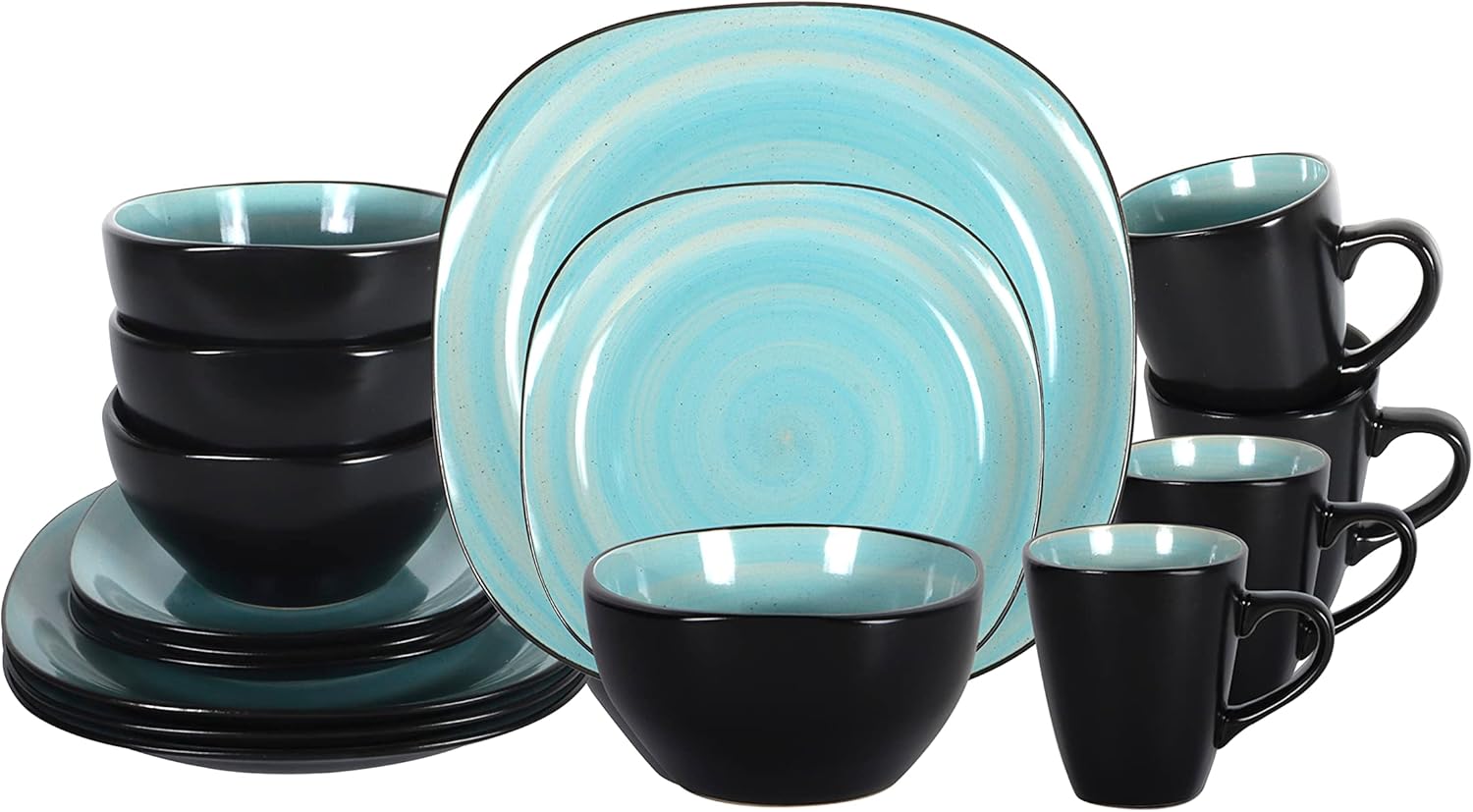 Stoneware Square 16pc Dinnerware Set with Turquoise Swirl Design