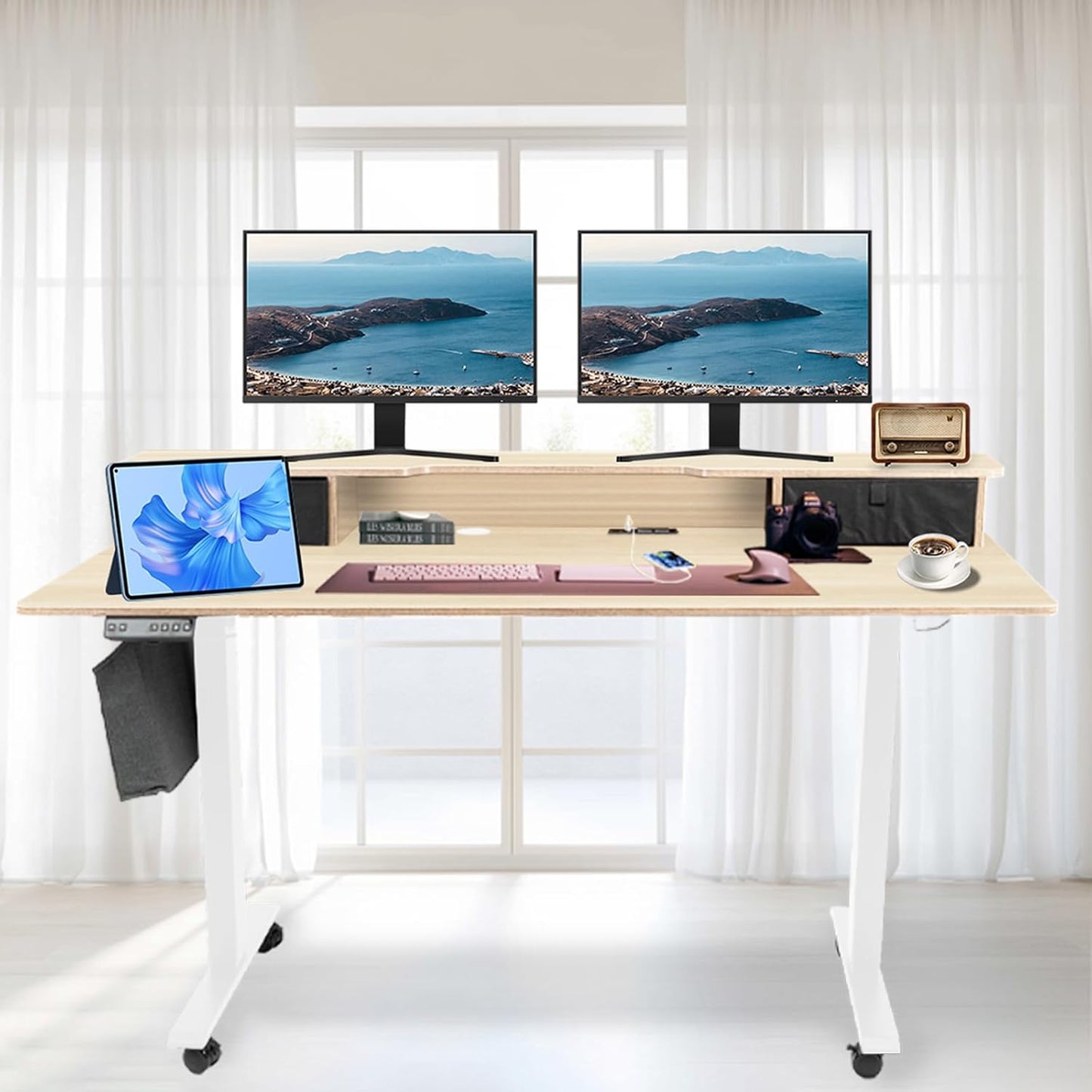 Electric Standing Desk with Dual Motors & Storage Shelf - PORIYA