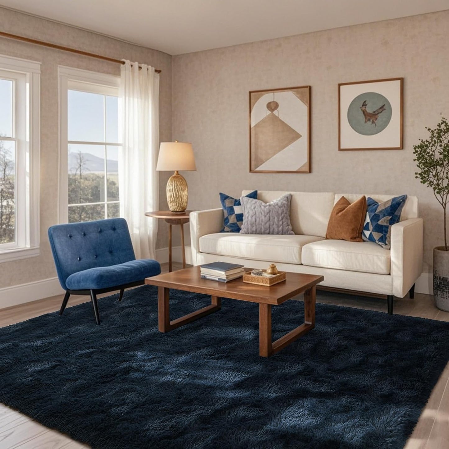 6x9 Fluffy Area Rug for Living Room, Plush Navy Blue Shag Carpet