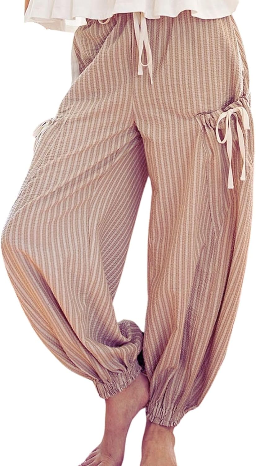 Women Drawstring Striped Pants for Casual Lounge and Beach Wear